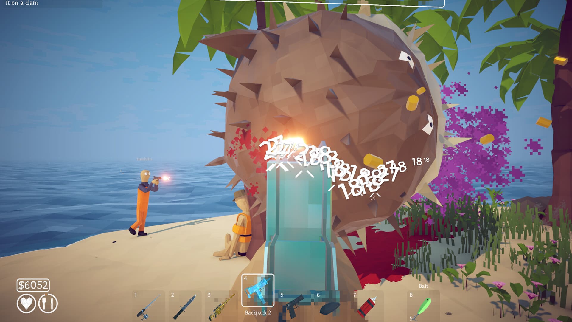 First-person view of a large spiked fish on a beach with a score overlay